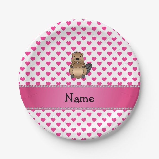 Personalisierter Name Biber Rosa Herzchen Polka Pu Pappteller (Vorderseite)