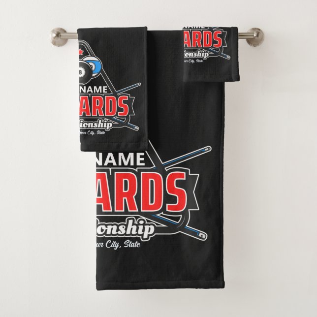 Personalisierter NAME Billard 8 Ball Pool Cue Rack Badhandtuch Set (Insitu)