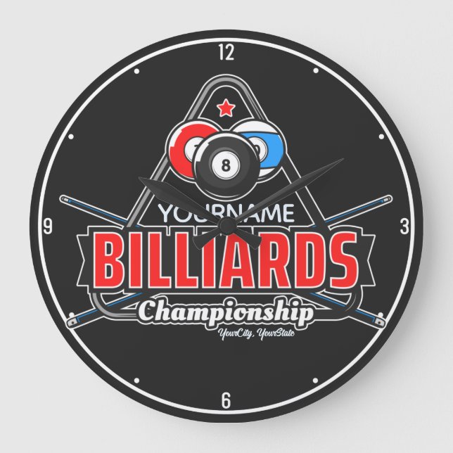 Personalisierter NAME Billard 8 Ball Pool Cue Rack Große Wanduhr (Vorderseite)