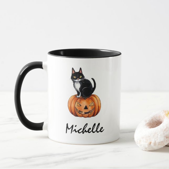 Personalisierter Name Black Cat & Pumpkin Hallowee Tasse (Mit Donut)