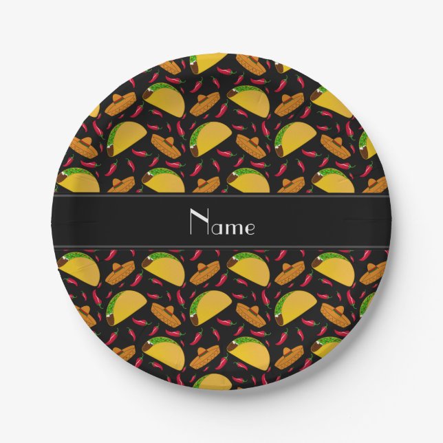 Personalisierter Name Black tacos sombreros Chili Pappteller (Vorderseite)