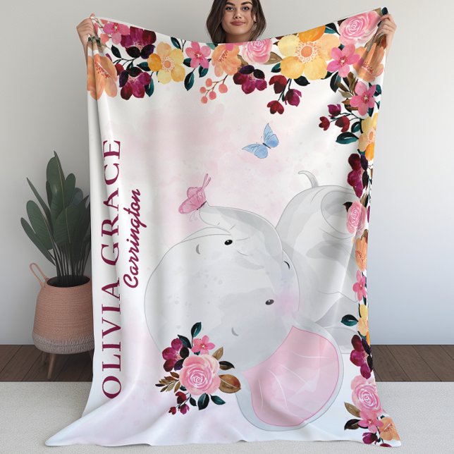 Personalisierter Name Blanket mit Elefant + Blume Fleecedecke (Personalized Name Blanket with Elephant + Flowers (L))