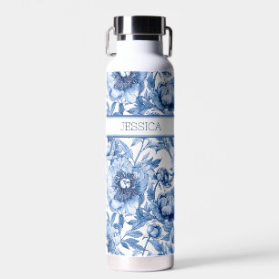 Personalisierter Name Blau Floral Reise Blume Chic Trinkflasche