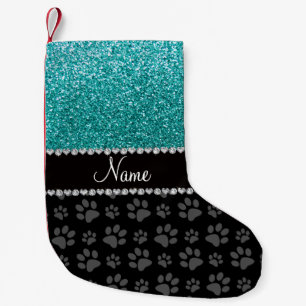 Personalisierter Name Blau Glitzer schwarze Pfoten Kleiner Weihnachtsstrumpf