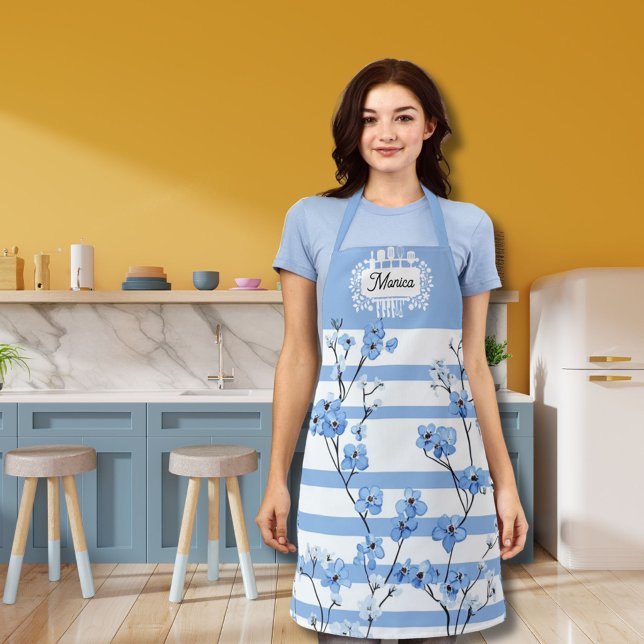 Personalisierter Name Blaue Blüten Gestreift Schürze (Von Creator hochgeladen)
