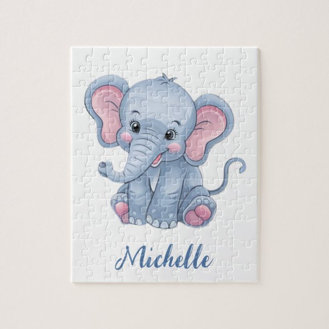 Personalisierter Name Blauer Elefant Puzzle (Vertikal)