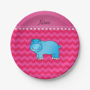Personalisierter Name blauer Hippo heiß rosa Chev Pappteller