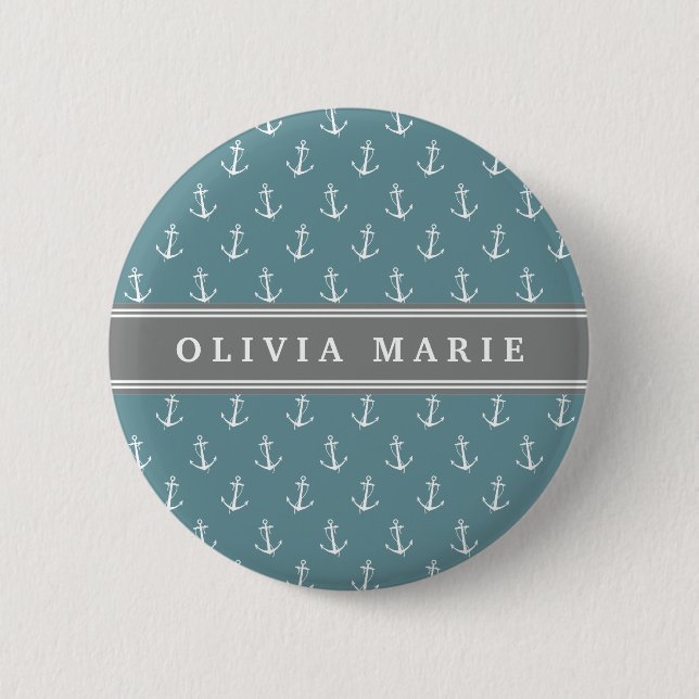 Personalisierter Name Blaues Ankermuster Button (Vorderseite)