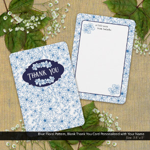 Personalisierter Name Blaues Blumenmuster, Leer Dankeskarte