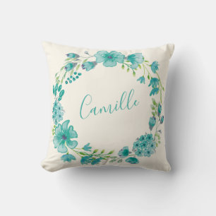 Personalisierter Name Blue Floral Wreath Wohngesta Kissen