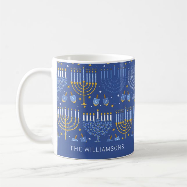 Personalisierter Name Blue Hanukkah Menorah Kaffeetasse (Links)