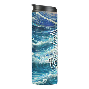 Personalisierter Name Blue Ocean Waves Thermosbecher
