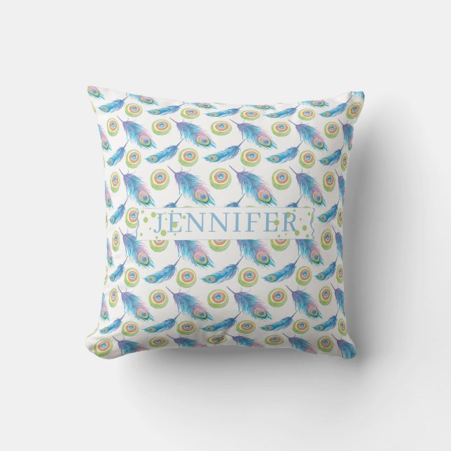 Personalisierter Name Blue Peacock Feathers Hinter Kissen (Vorderseite)