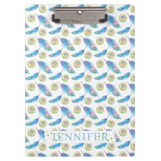 Personalisierter Name Blue Peacock Feathers Hinter Klemmbrett (Vorderseite)