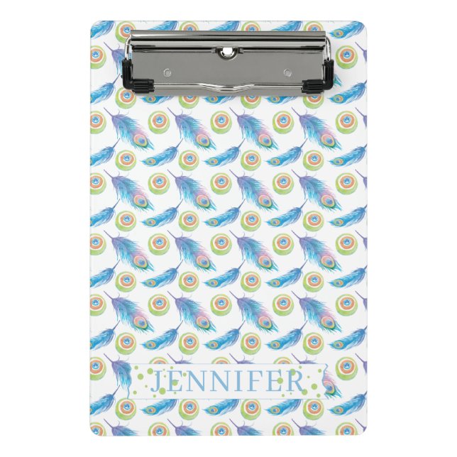 Personalisierter Name Blue Peacock Feathers Hinter Mini Klemmbrett (Vorderseite)