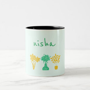 personalisierter Name Blumengrün und gelb niedlich Zweifarbige Tasse