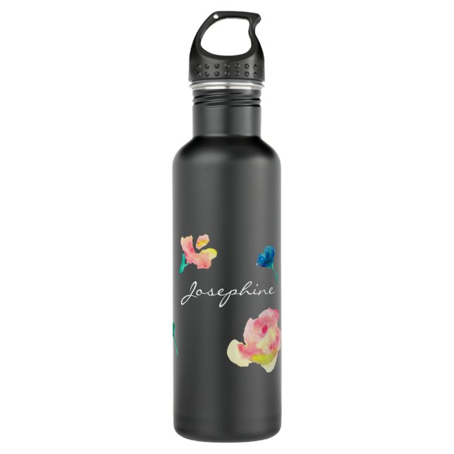 Personalisierter Name, Boho Blume Aquarellmalerei Edelstahlflasche (Vorderseite)