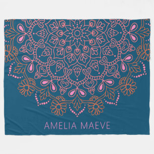 Personalisierter Name Boho Mandala Floral Blau Ros Fleecedecke