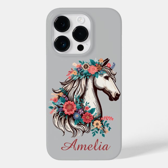Personalisierter Name Boho Pferd mit Blume Case-Mate iPhone Hülle (Rückseite)