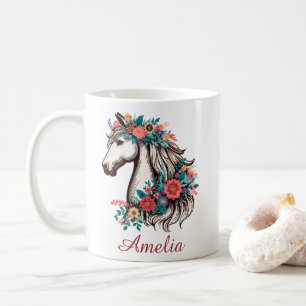 Personalisierter Name Boho Pferd mit Blume Kaffeetasse
