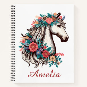 Personalisierter Name Boho Pferd mit Blume Notizbuch