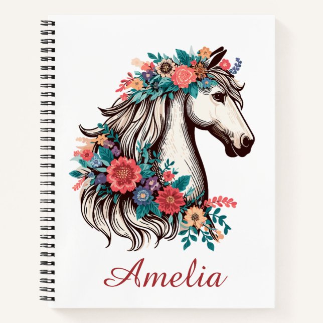 Personalisierter Name Boho Pferd mit Blume Notizbuch (Vorderseite)
