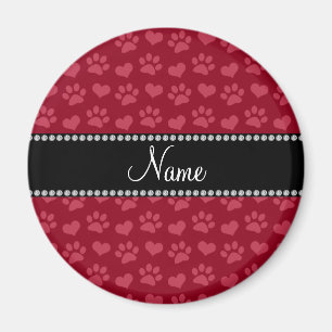 Personalisierter Name Bordeaux-Rote Herzen und Pfo Magnet