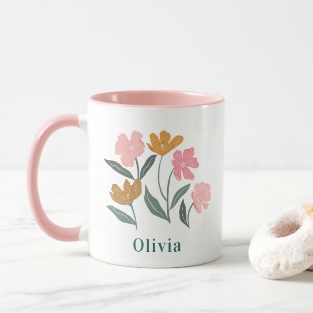 Personalisierter Name Botanisch Illustrierte Braut Tasse (Mit Donut)