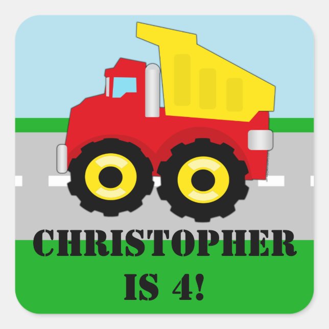 Personalisierter Name Boys Kids Construction Dumpr Quadratischer Aufkleber (Vorderseite)