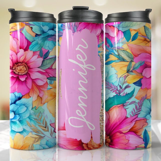 Personalisierter Name Bright Pink Floral Einmalige Thermosbecher (Floral Tumbler )