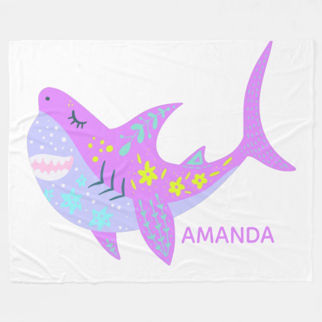 Personalisierter Name Colorful Kawaii Shark Lila Fleecedecke (Vorderseite (Horizontal))