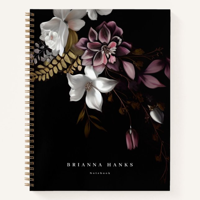 Personalisierter Name Dark and Moody Floral Notizbuch (Vorderseite)