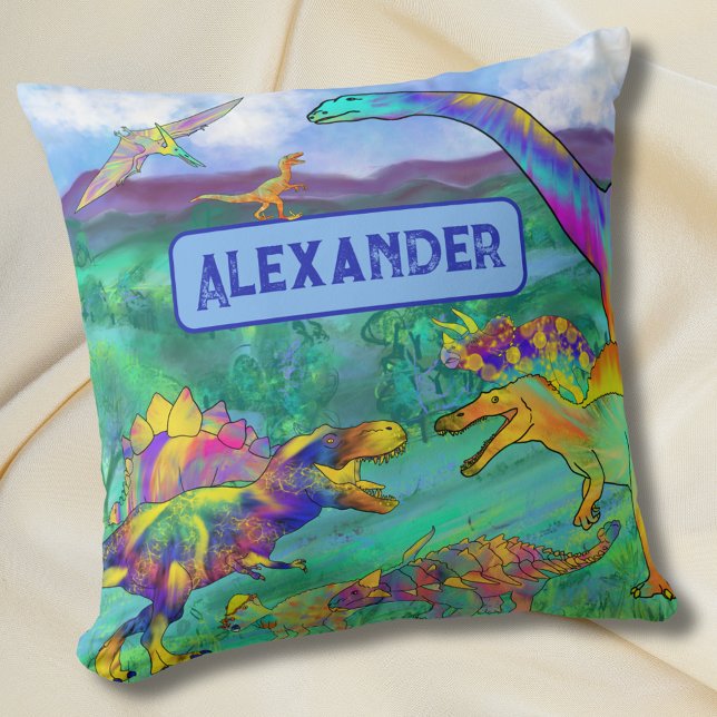 Personalisierter Name der Dinosaurier Kissen (Colorful dinosaurs kids personalized name bedroom decor pillow Cute dino custom gift)