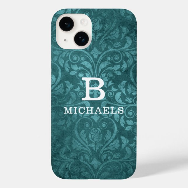 Personalisierter Name der Monogram Green Damask Fl Case-Mate iPhone Hülle (Rückseite)