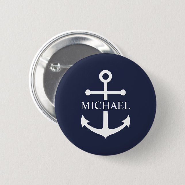 Personalisierter Name der Nautic Navy Blue Anchor Button (Vorne & Hinten)