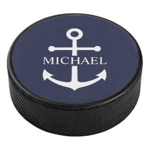 Personalisierter Name der Nautic Navy Blue Anchor Eishockey Puck