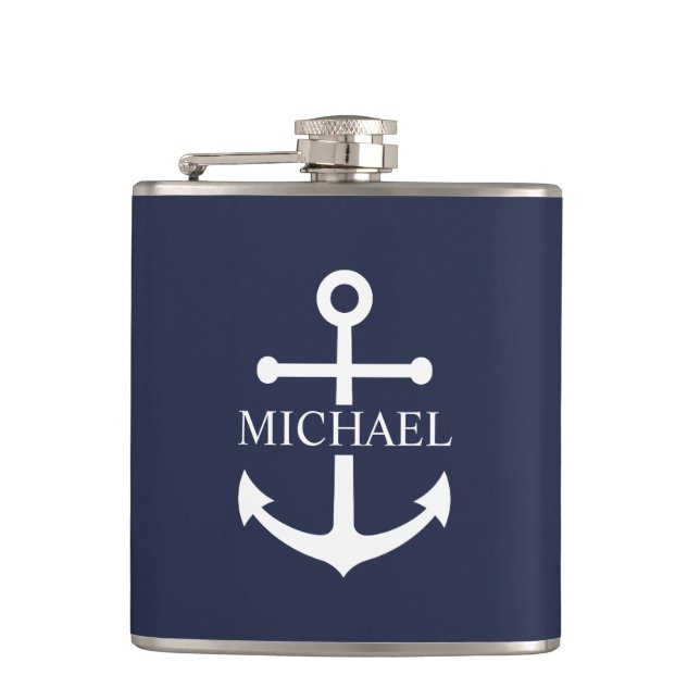 Personalisierter Name der Nautic Navy Blue Anchor Flachmann (Vorderseite)