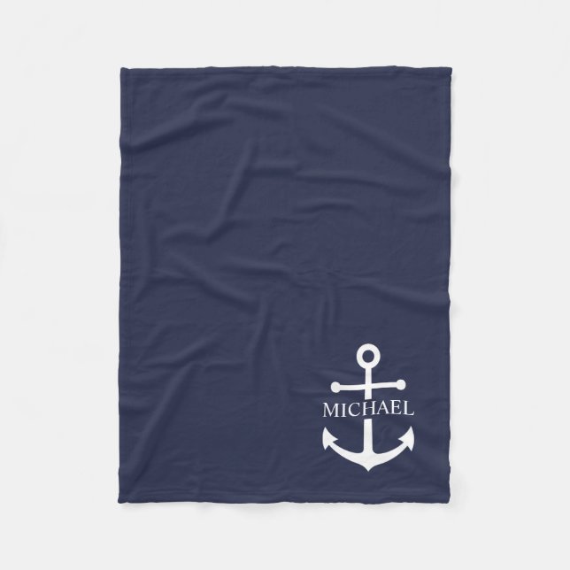 Personalisierter Name der Nautic Navy Blue Anchor Fleecedecke (Vorderseite)