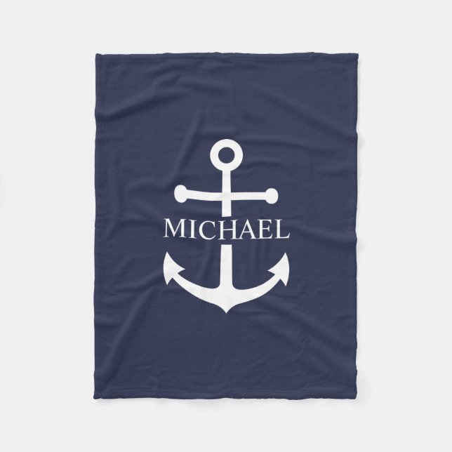 Personalisierter Name der Nautic Navy Blue Anchor Fleecedecke (Vorderseite)