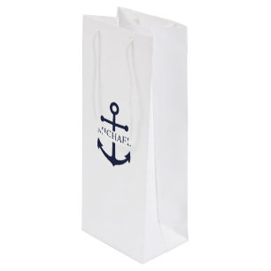Personalisierter Name der Nautic Navy Blue Anchor Geschenktüte Für Weinflaschen