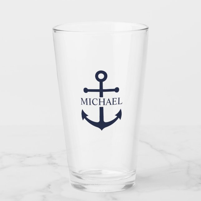 Personalisierter Name der Nautic Navy Blue Anchor Glas (Vorderseite)