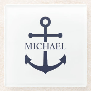 Personalisierter Name der Nautic Navy Blue Anchor Glasuntersetzer