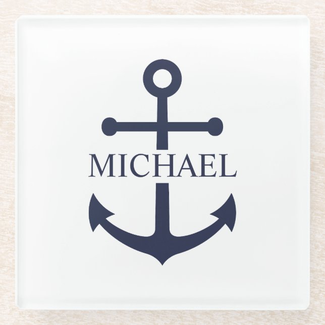 Personalisierter Name der Nautic Navy Blue Anchor Glasuntersetzer (Vorderseite)