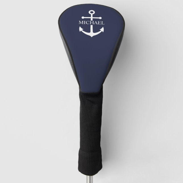 Personalisierter Name der Nautic Navy Blue Anchor Golf Headcover (Vorderseite)