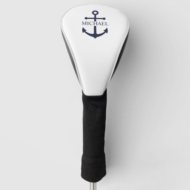 Personalisierter Name der Nautic Navy Blue Anchor Golf Headcover (Vorderseite)