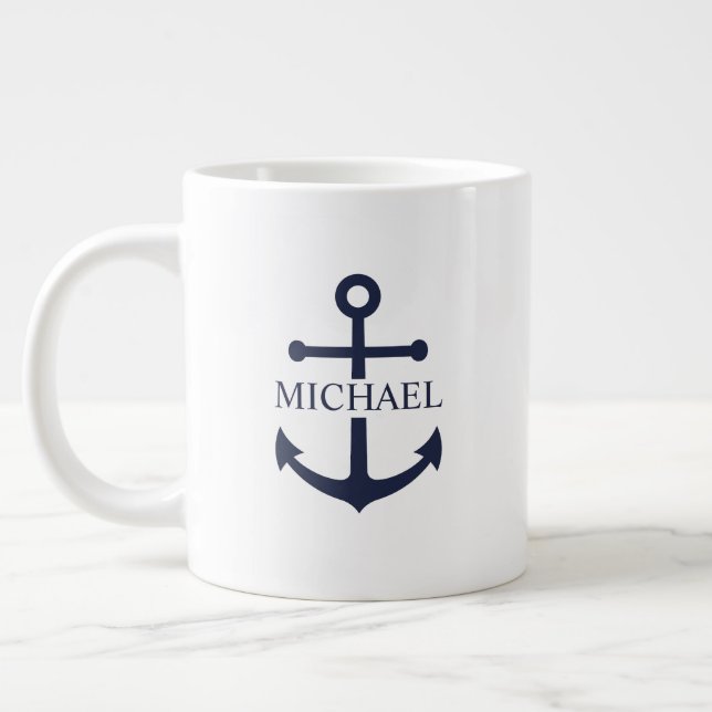 Personalisierter Name der Nautic Navy Blue Anchor Jumbo-Tasse (Links)