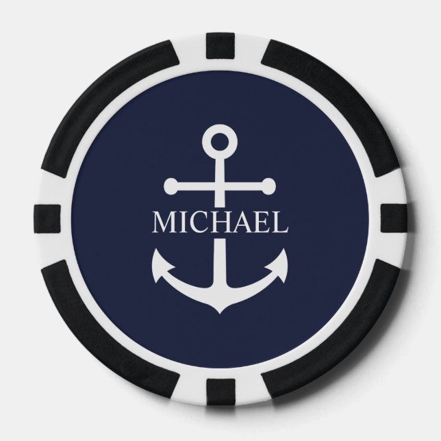 Personalisierter Name der Nautic Navy Blue Anchor Pokerchips (Vorderseite)