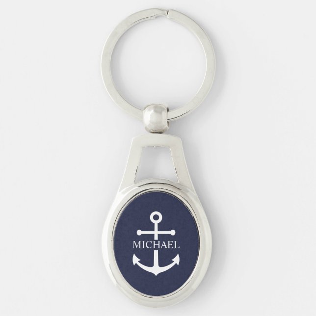 Personalisierter Name der Nautic Navy Blue Anchor Schlüsselanhänger (Vorderseite)