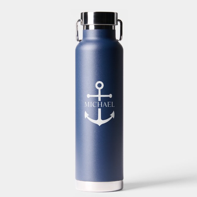 Personalisierter Name der Nautic Navy Blue Anchor Trinkflasche (Vorne)