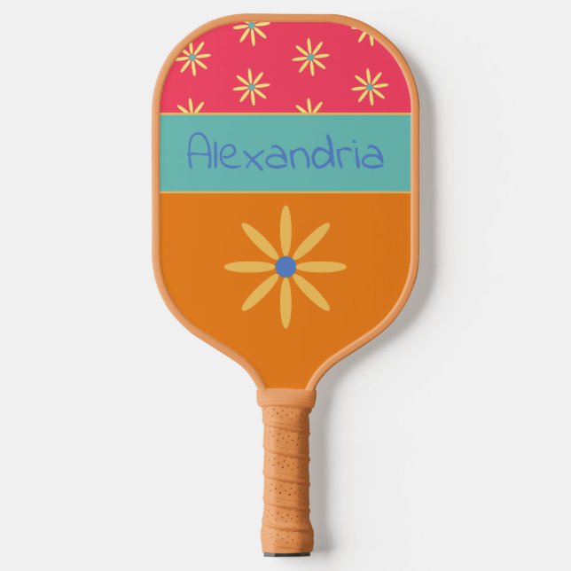 Personalisierter Name der Retro-Blume Pickleball Schläger (Vorderseite)